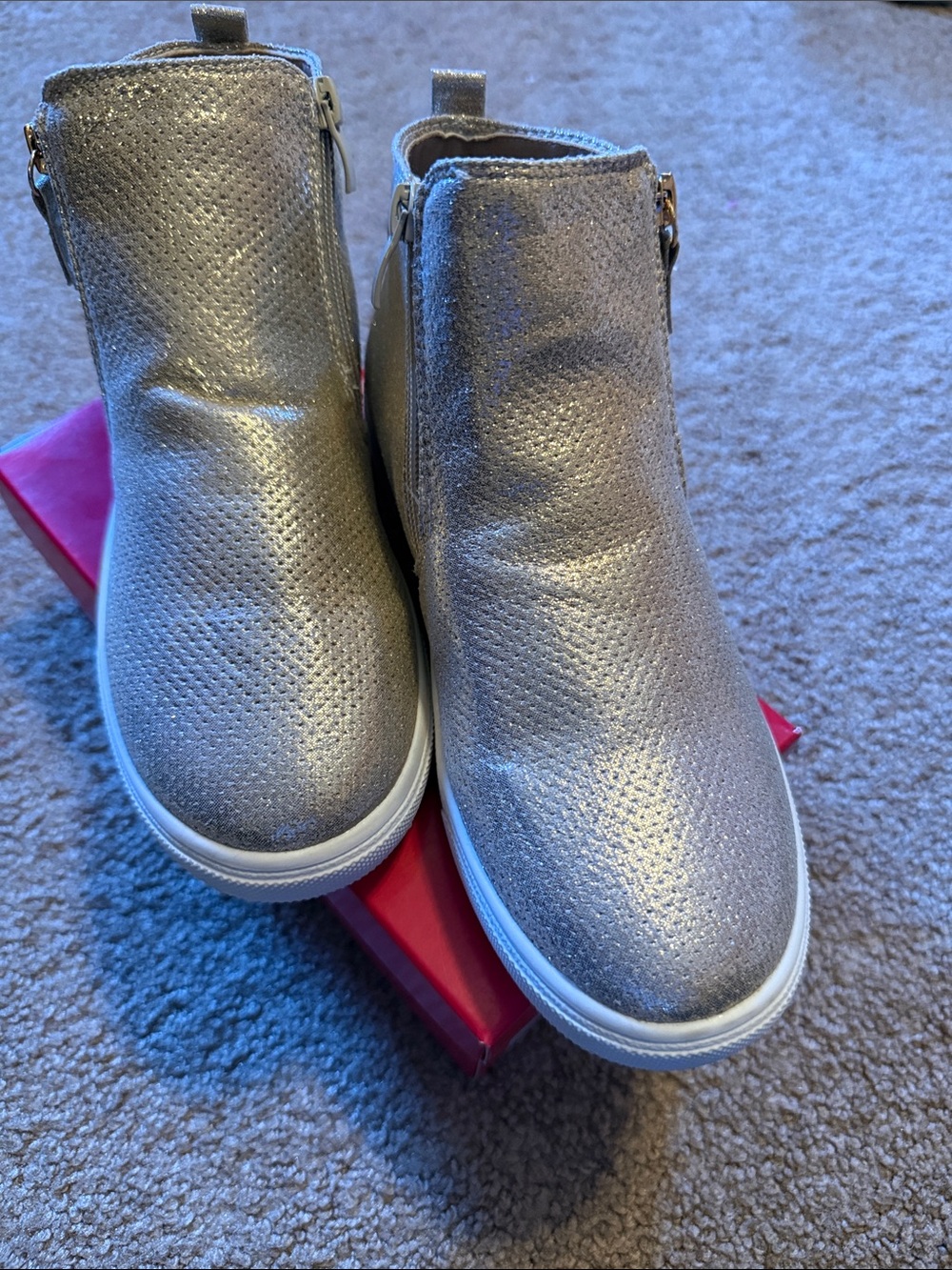 Girls Metallic Silver Slip-On Sneakers with Side Zipper